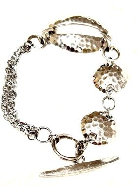 Elle Minimalist Artisan Sterling Silver Hammered Disc Toggle Chain Link Bracelet